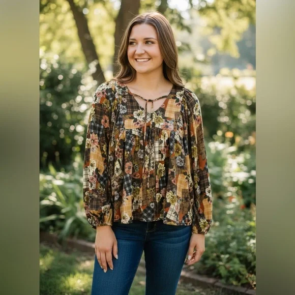 Haptics Multicolor Women's Floral Plaid Top - Picture 1 of 6